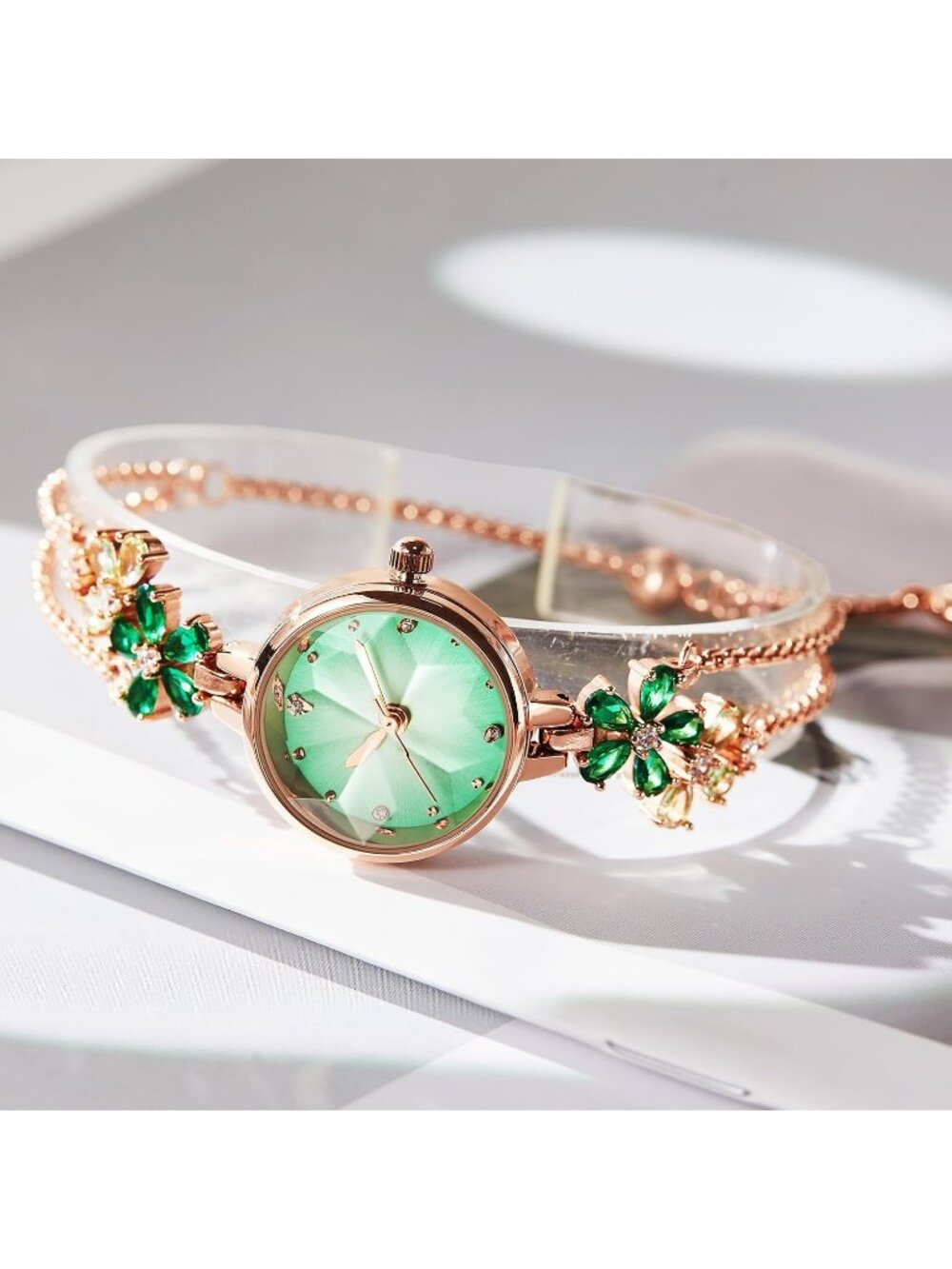 Women's Green Gold Bracelet Strap with Diamonds Waterproof Quartz Crystals Watch - Picture 4 of 6